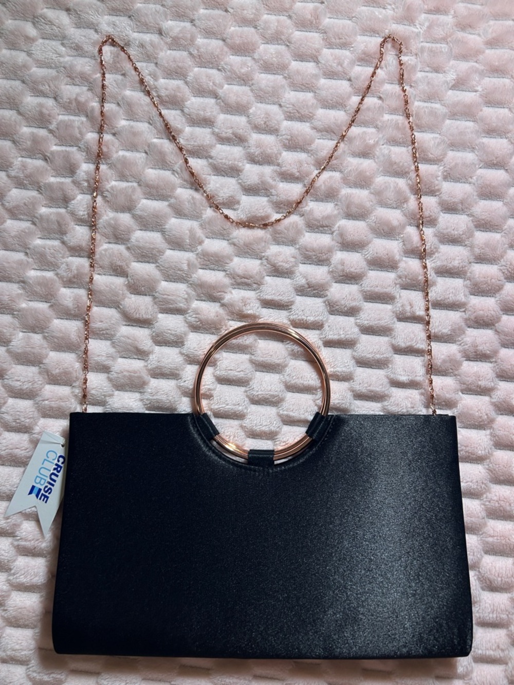NWT Black Clutch Purse with Rose Gold Ring Handle & Chain Strap